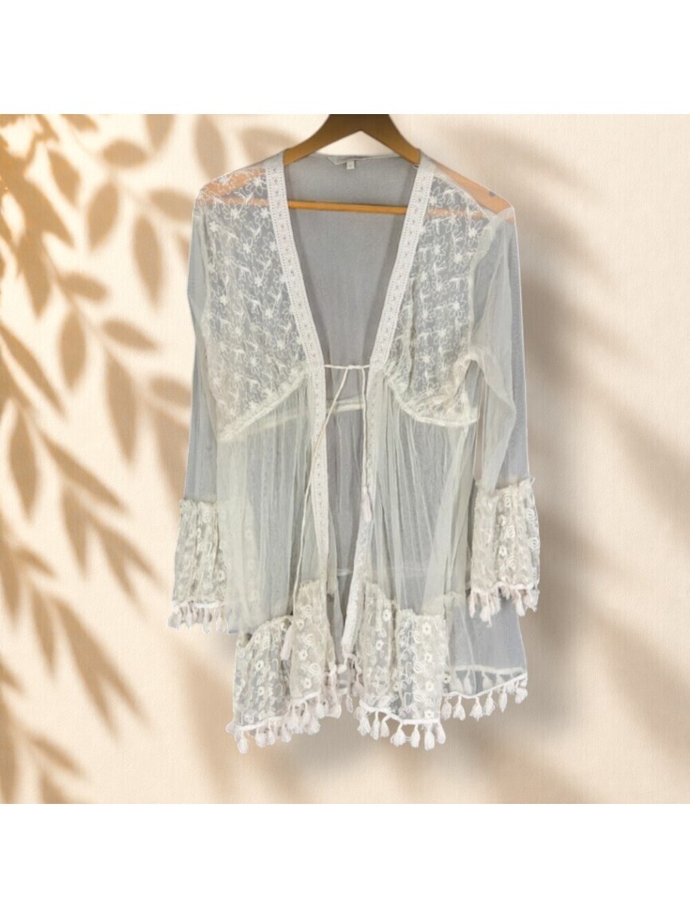 Croseent Bay Robe Women XL White Floral Embroidered Sheer Fringe Tie Up Sleep
